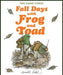 Book cover for 'Two Classic Stories: Fall Days with Frog and Toad' by Arnold Lobel, featuring orange title text and an illustration of two frogs gathering leaves on a white background.