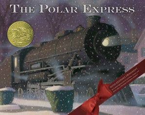 Book cover of 'The Polar Express' with a steam train and snowy scene.
