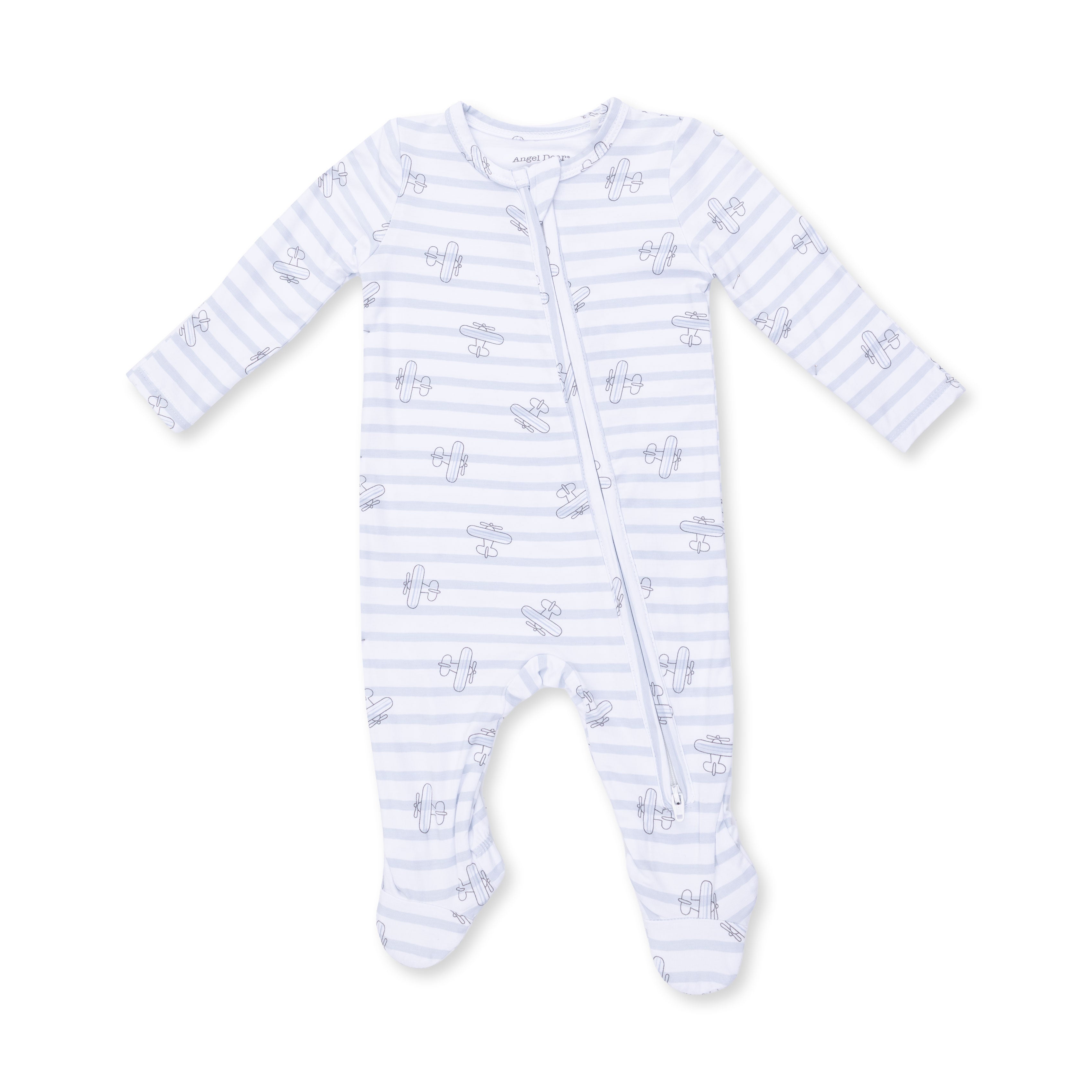 Baby onesie with blue and white striped with airplanes pattern on a white background