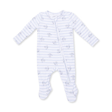 Baby onesie with blue and white striped with airplanes pattern on a white background