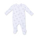 Baby onesie with blue and white striped with airplanes pattern on a white background
