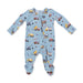 Baby onesie with construction vehicle pattern on a light blue background