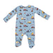 Baby onesie with construction vehicle pattern on a blue background