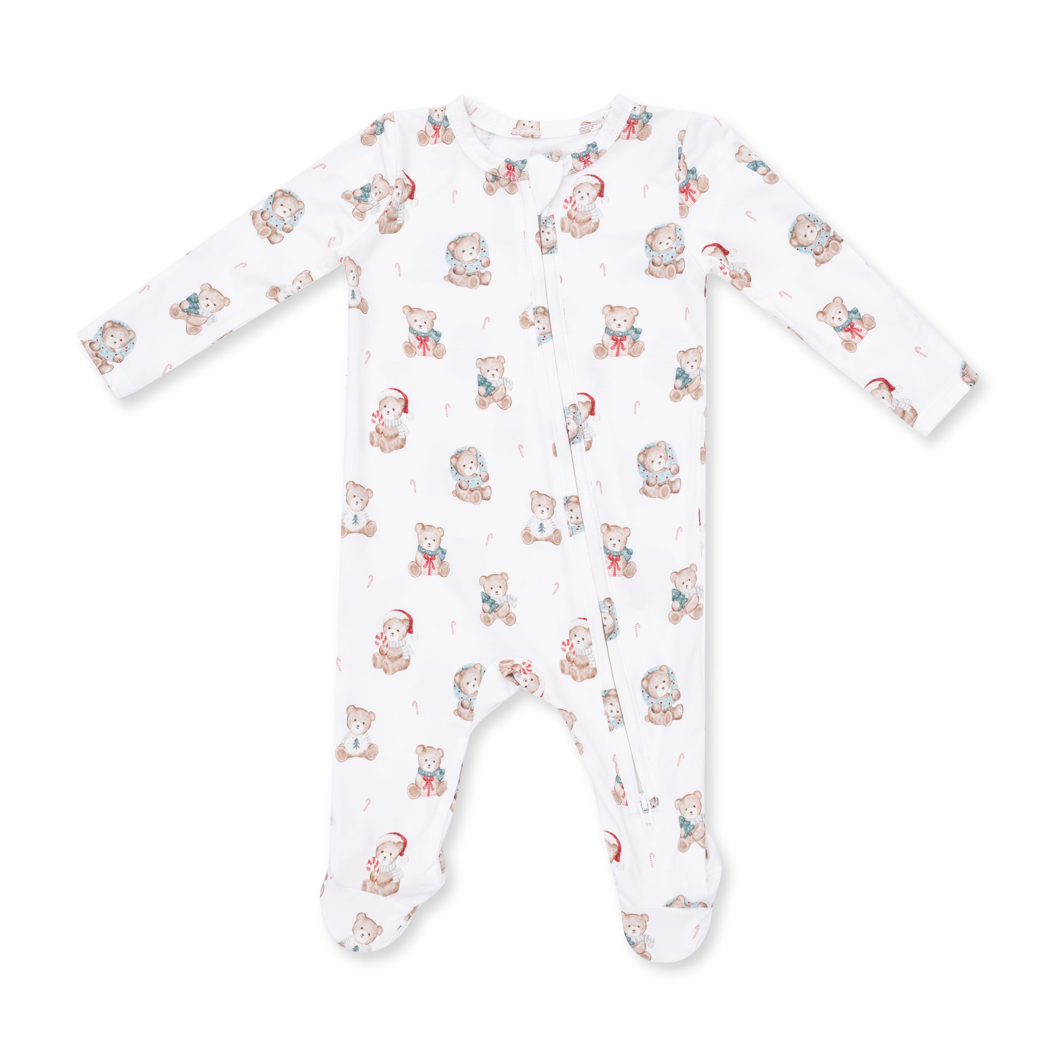 Baby onesie with Christmas teddy bear pattern on a white background