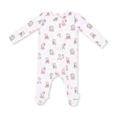 Baby onesie with Christmas teddy bear pattern on a white background