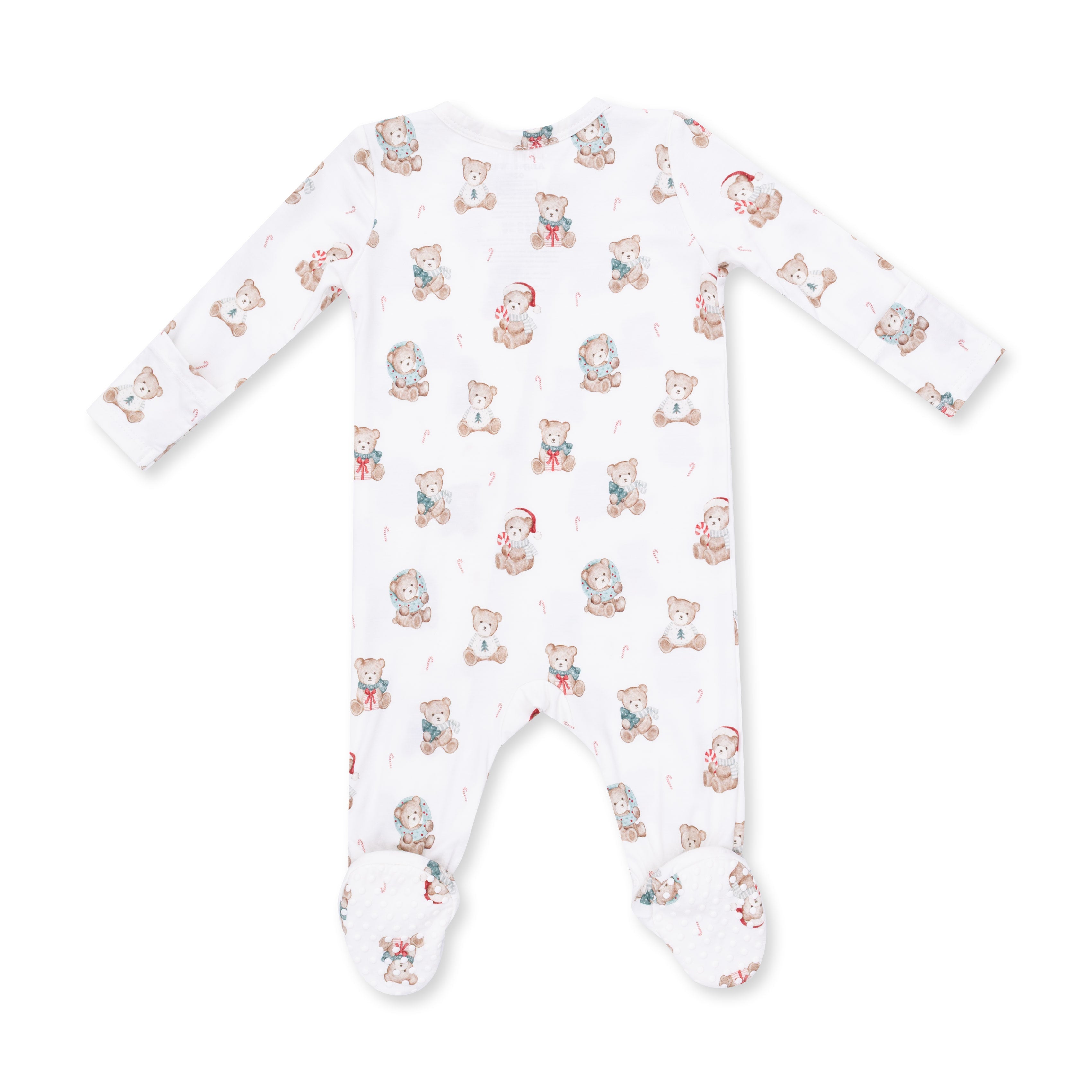 Baby onesie with Christmas teddy bear pattern on a white background