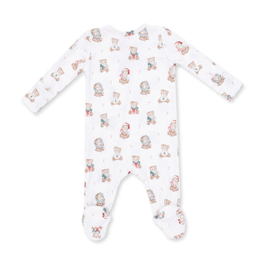 Baby onesie with Christmas teddy bear pattern on a white background