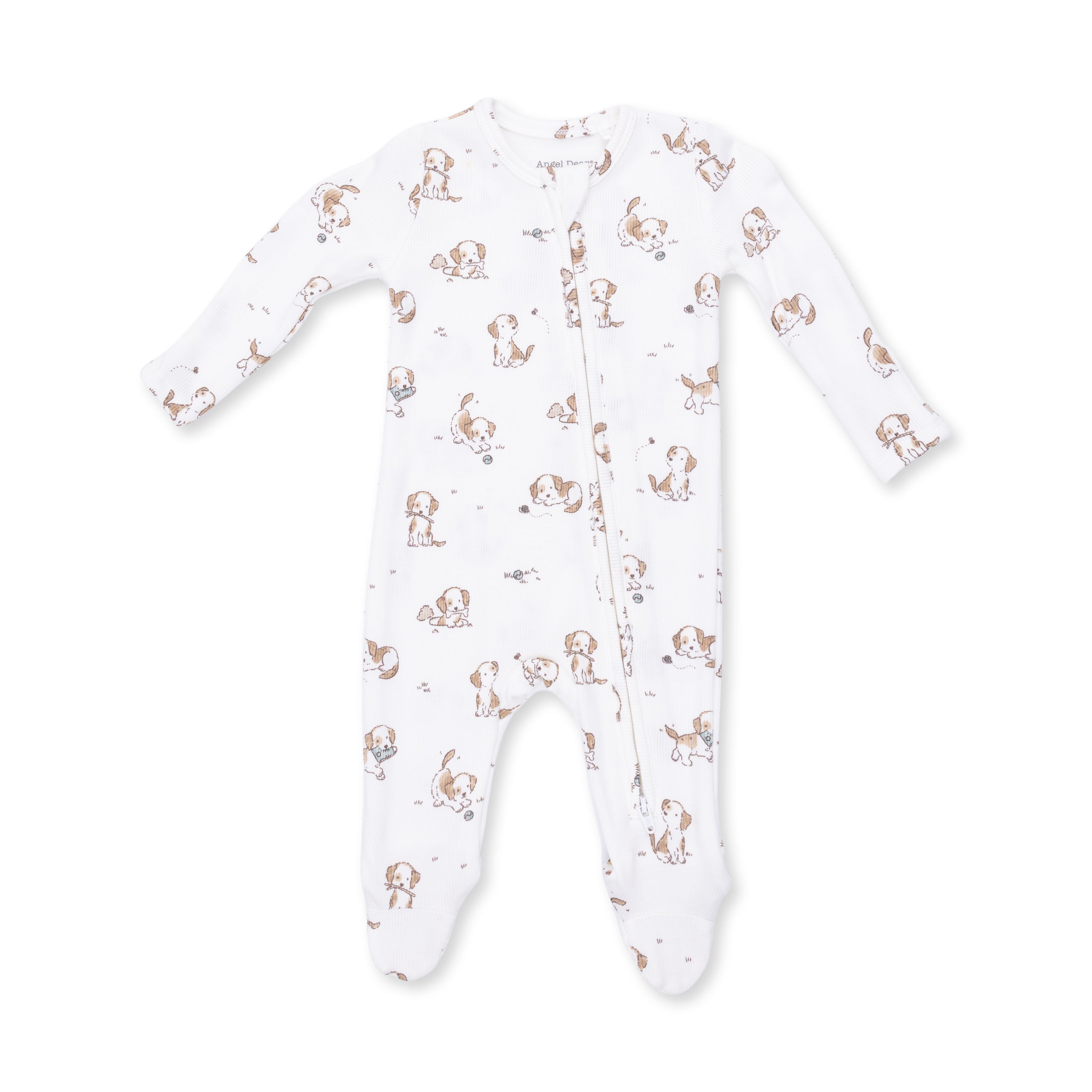Baby onesie with dog pattern on a white background
