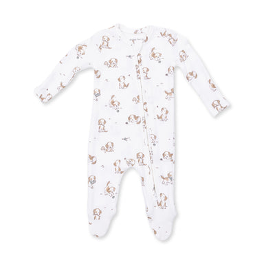 Baby onesie with dog pattern on a white background