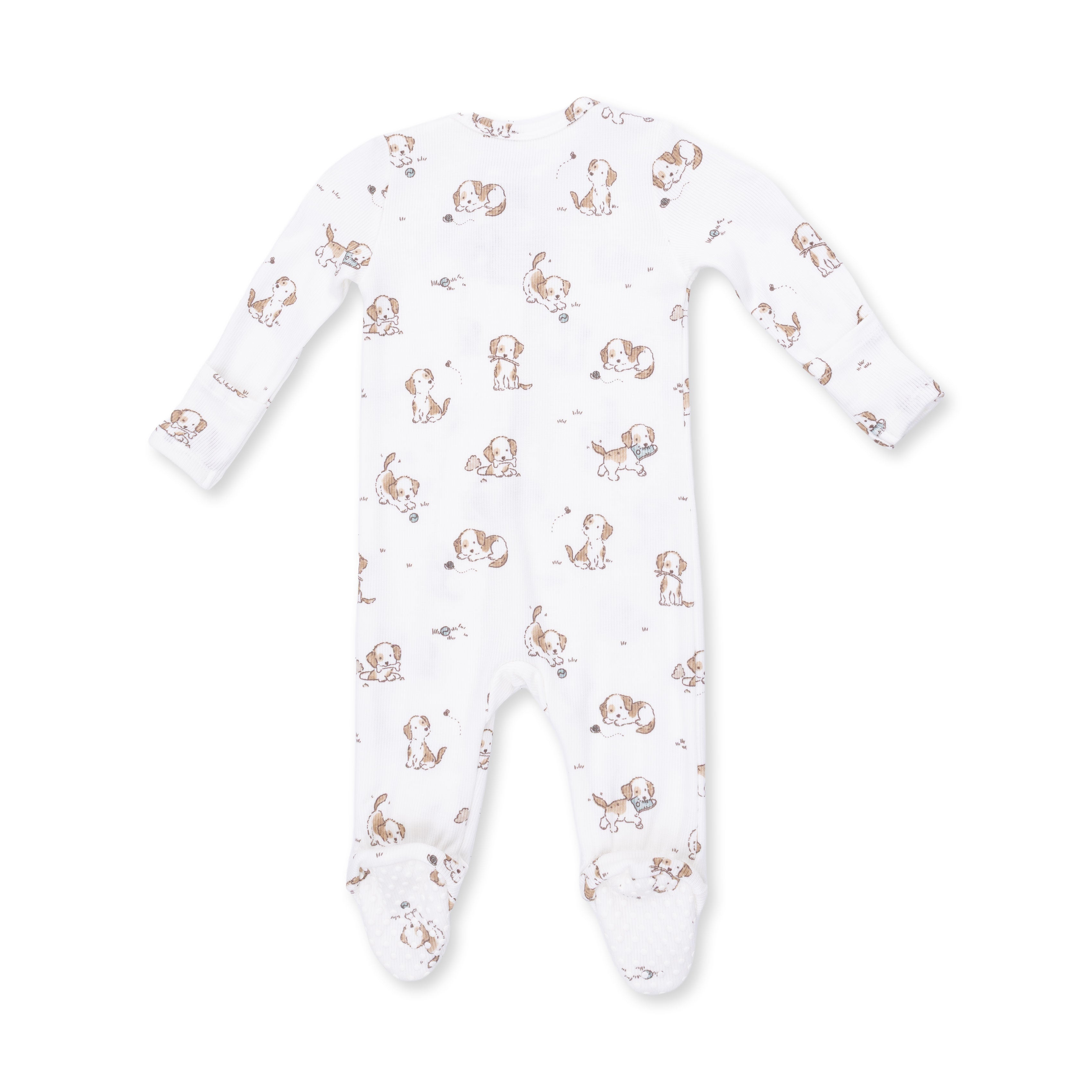 Baby onesie with dog pattern on a white background