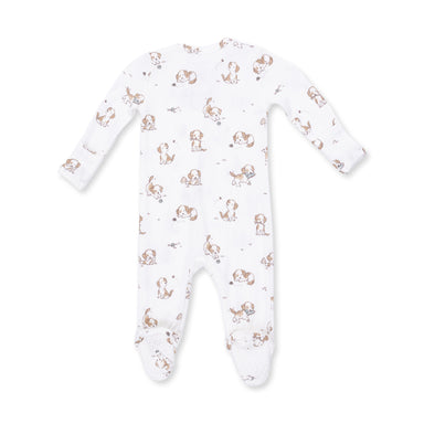 Baby onesie with dog pattern on a white background