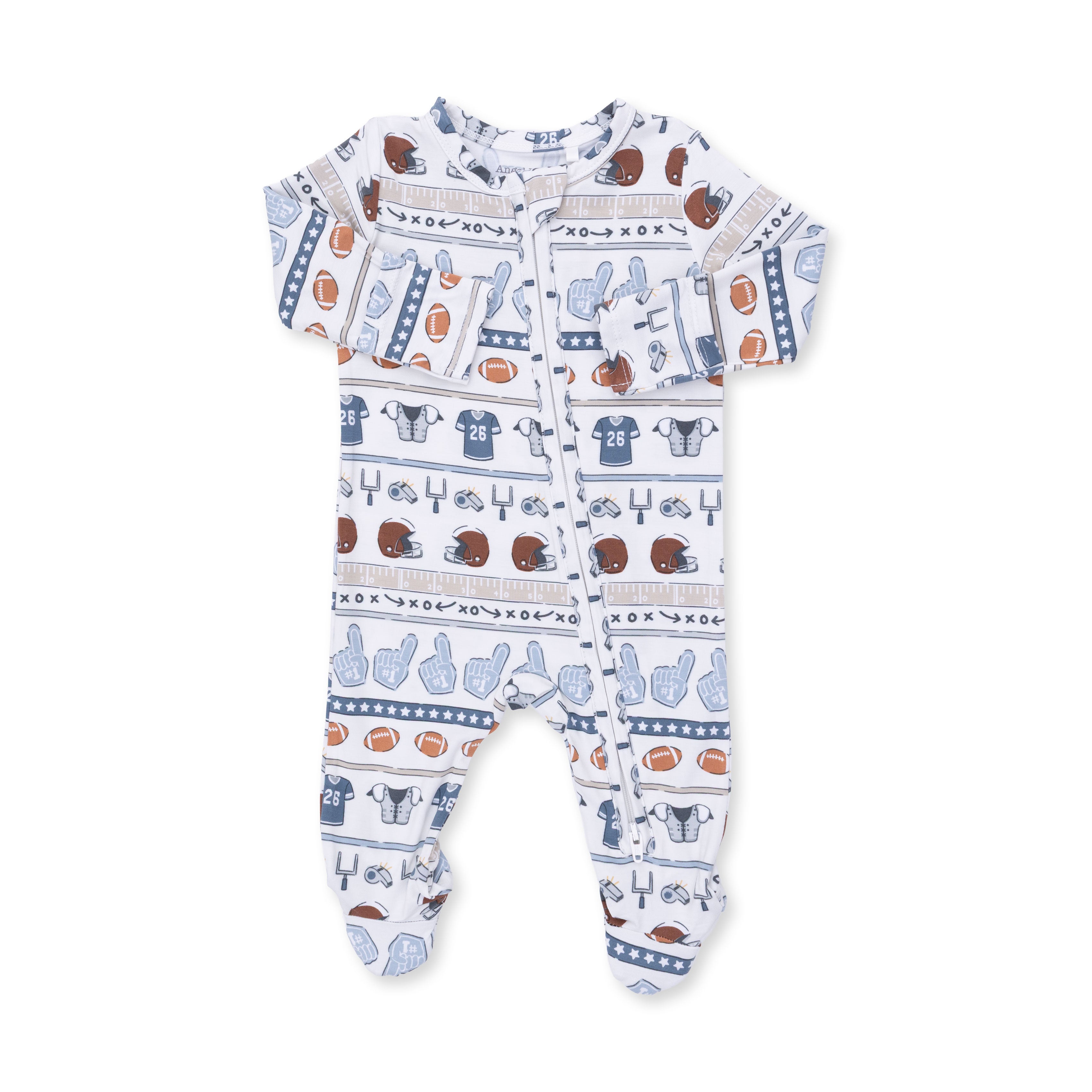 Baby sleeper with a football pattern on a white background