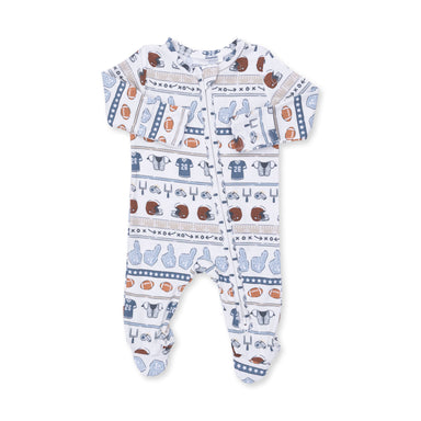 Baby sleeper with a football pattern on a white background