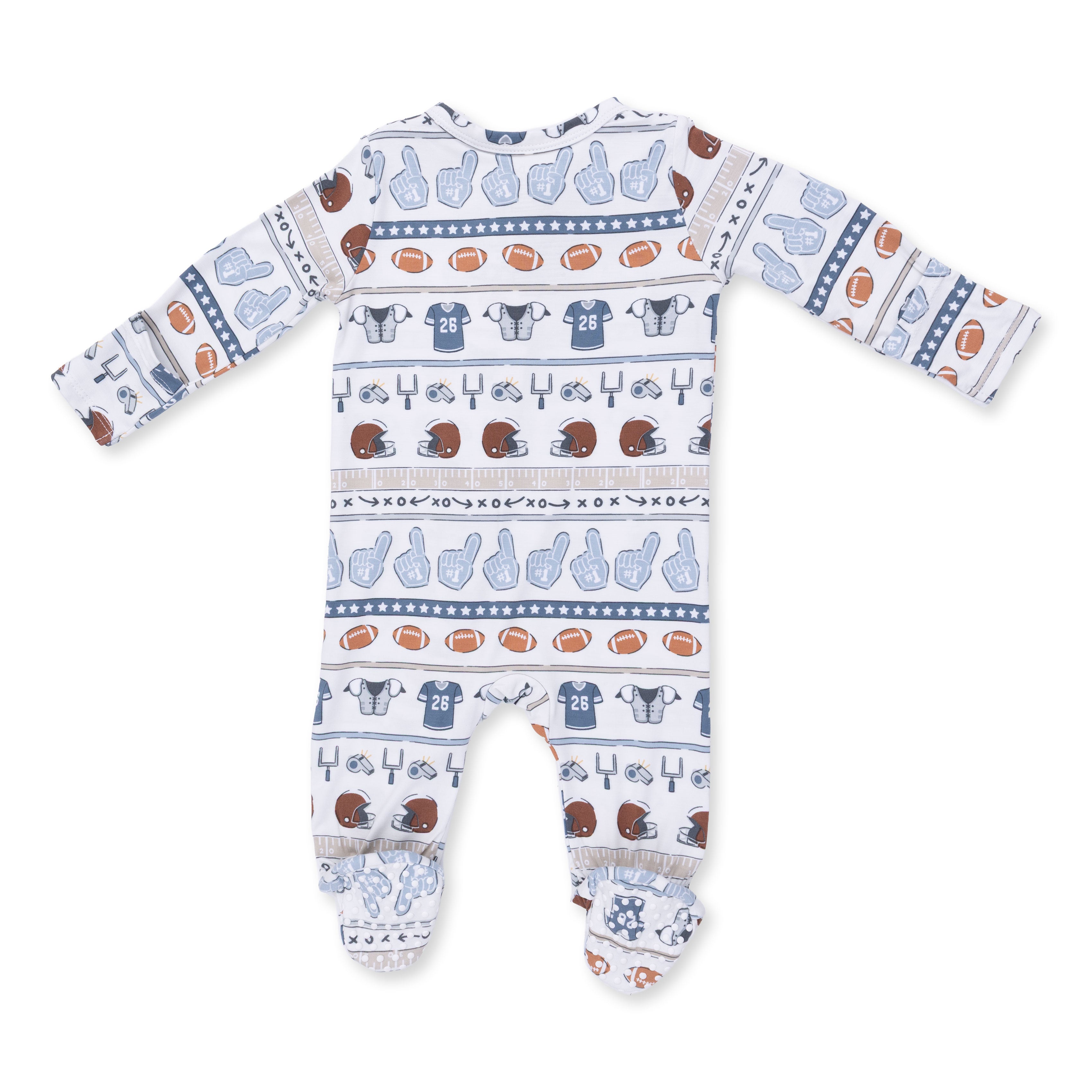 Baby onesie with football pattern on a white background