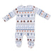 Baby onesie with football pattern on a white background