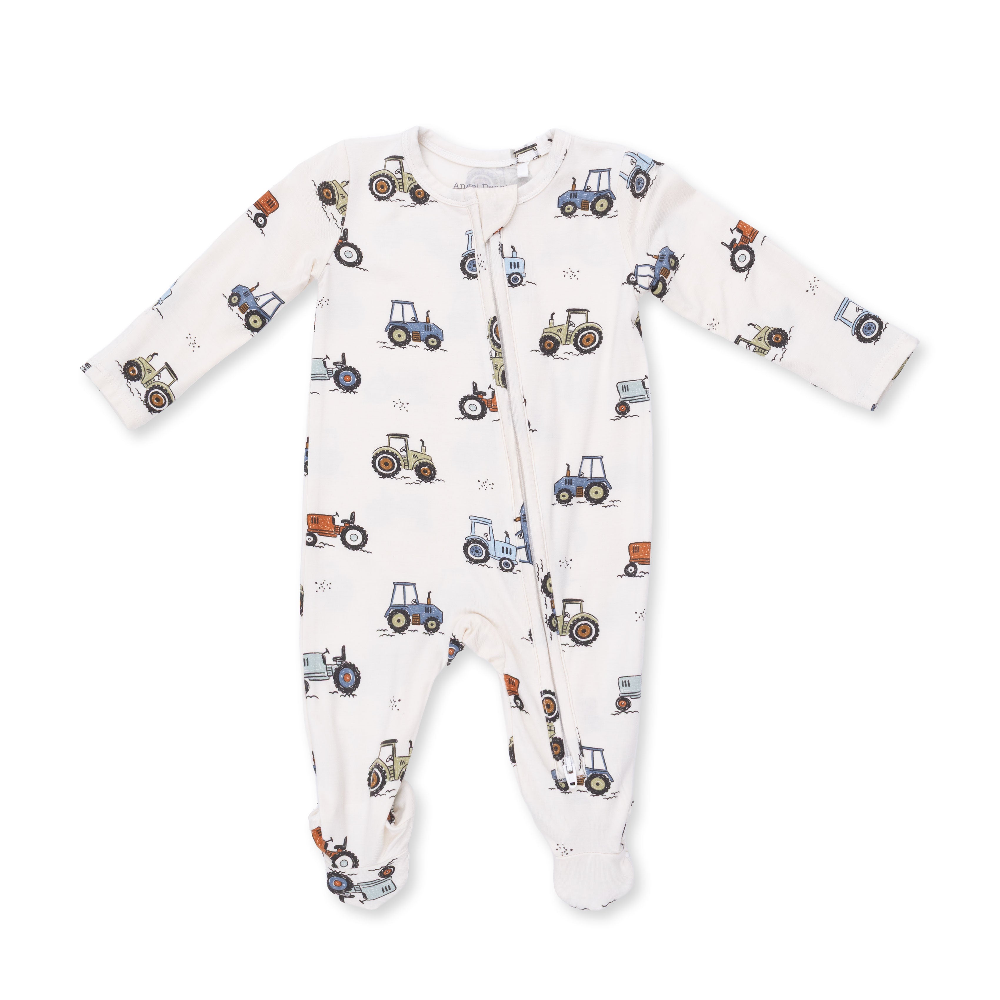 Baby onesie with tractor pattern on a white background