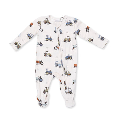 Baby onesie with tractor pattern on a white background