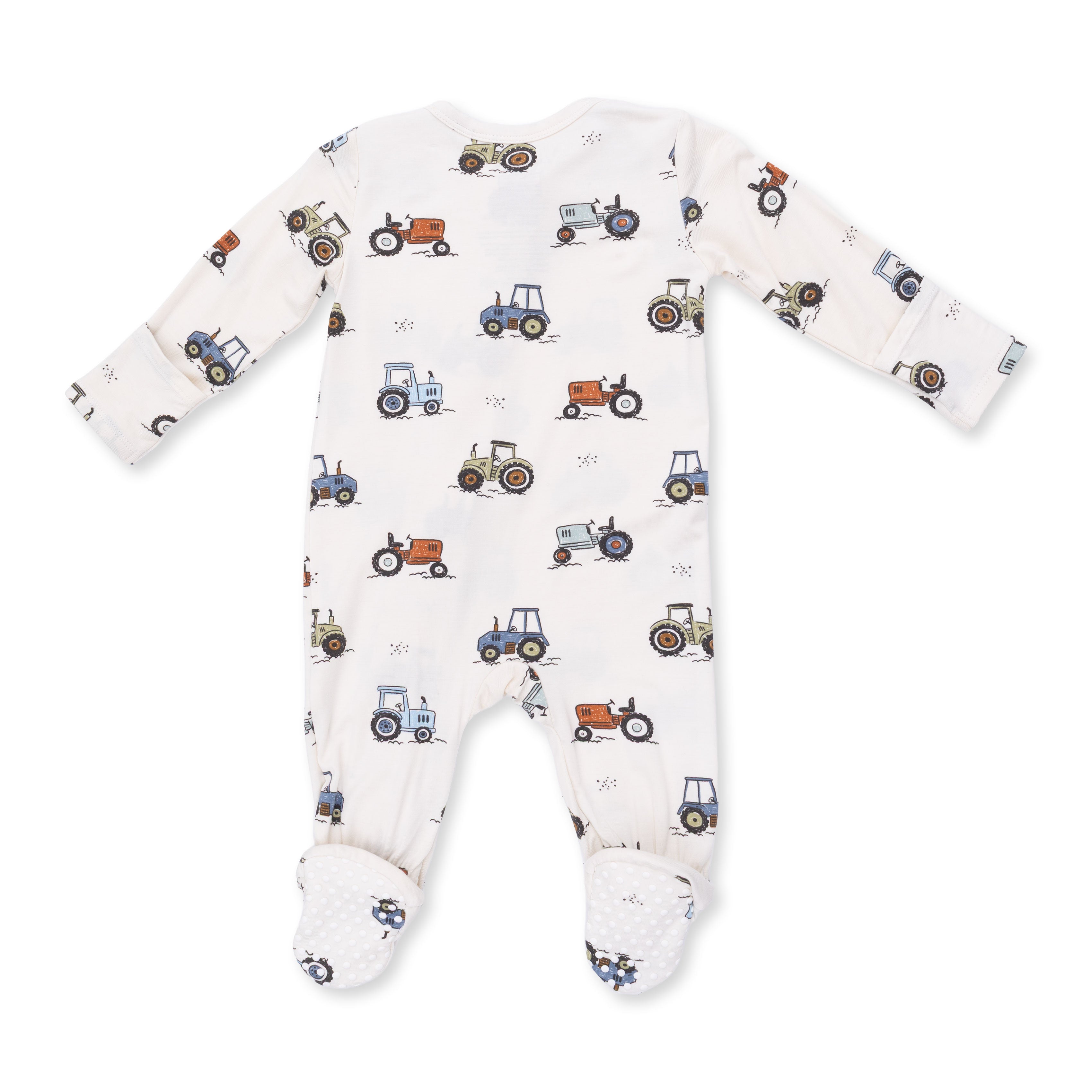 Baby onesie with tractor pattern on a white background
