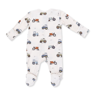 Baby onesie with tractor pattern on a white background