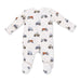 Baby onesie with tractor pattern on a white background