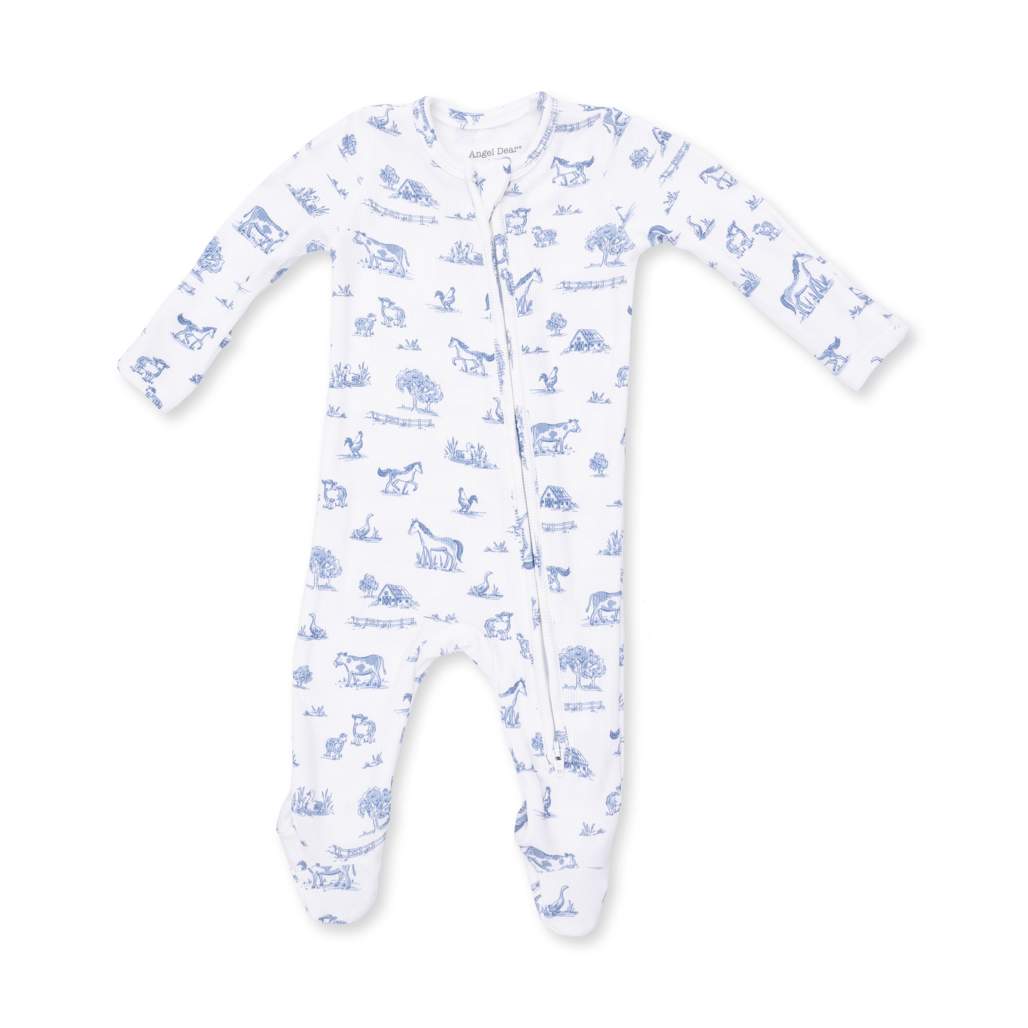 Baby onesie with blue animal pattern on a white background