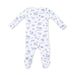 White baby onesie with blue animal prints on a white background