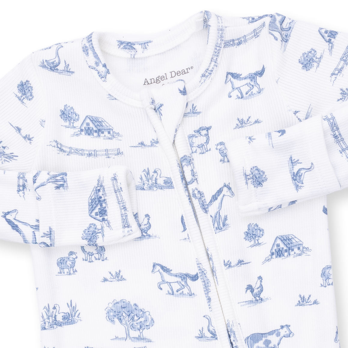 Baby outfit with blue animal prints on a white background