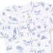Baby outfit with blue animal prints on a white background