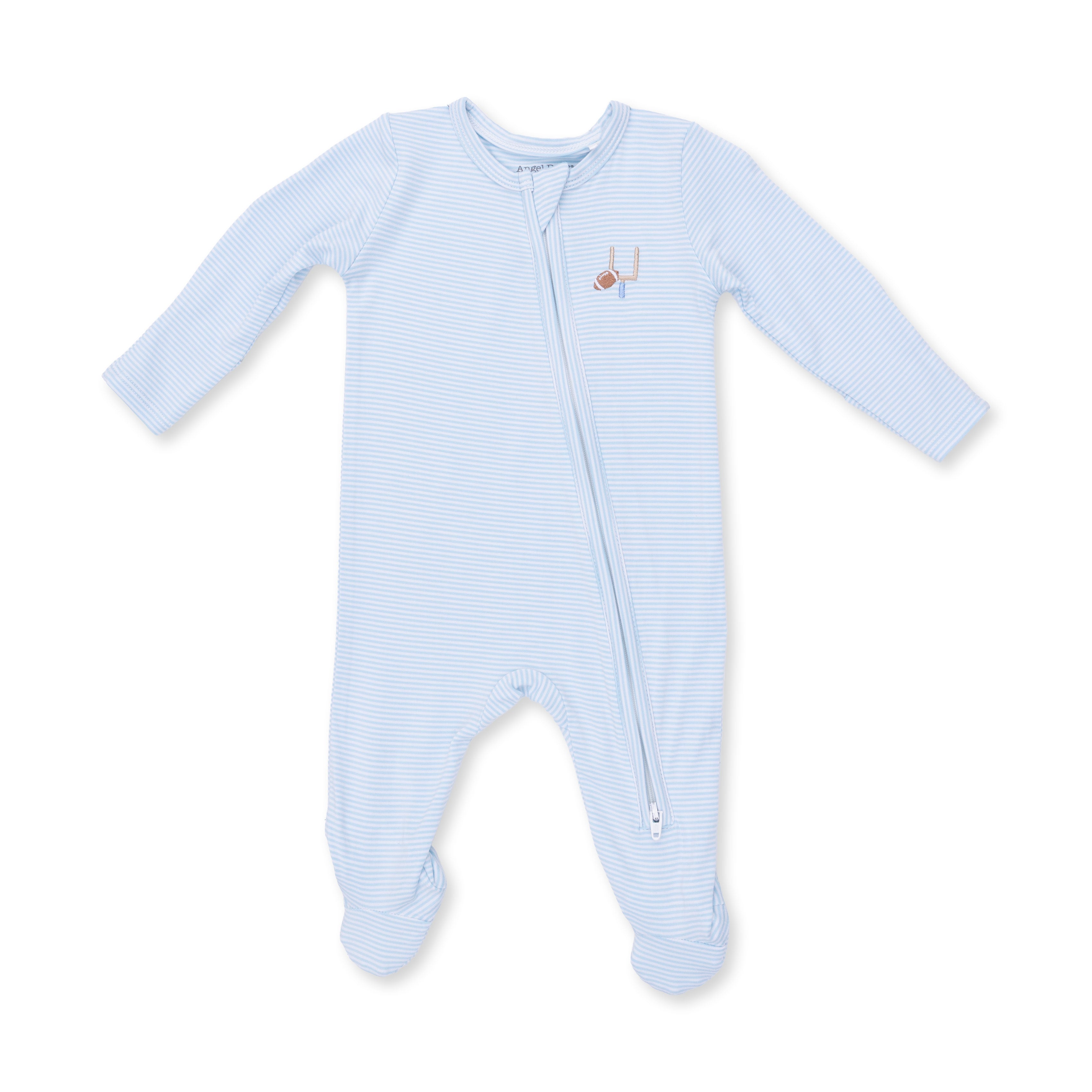 Blue baby and white striped onesie with a zipper on a white background