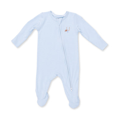 Blue baby and white striped onesie with a zipper on a white background