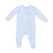 Blue baby and white striped onesie with a zipper on a white background