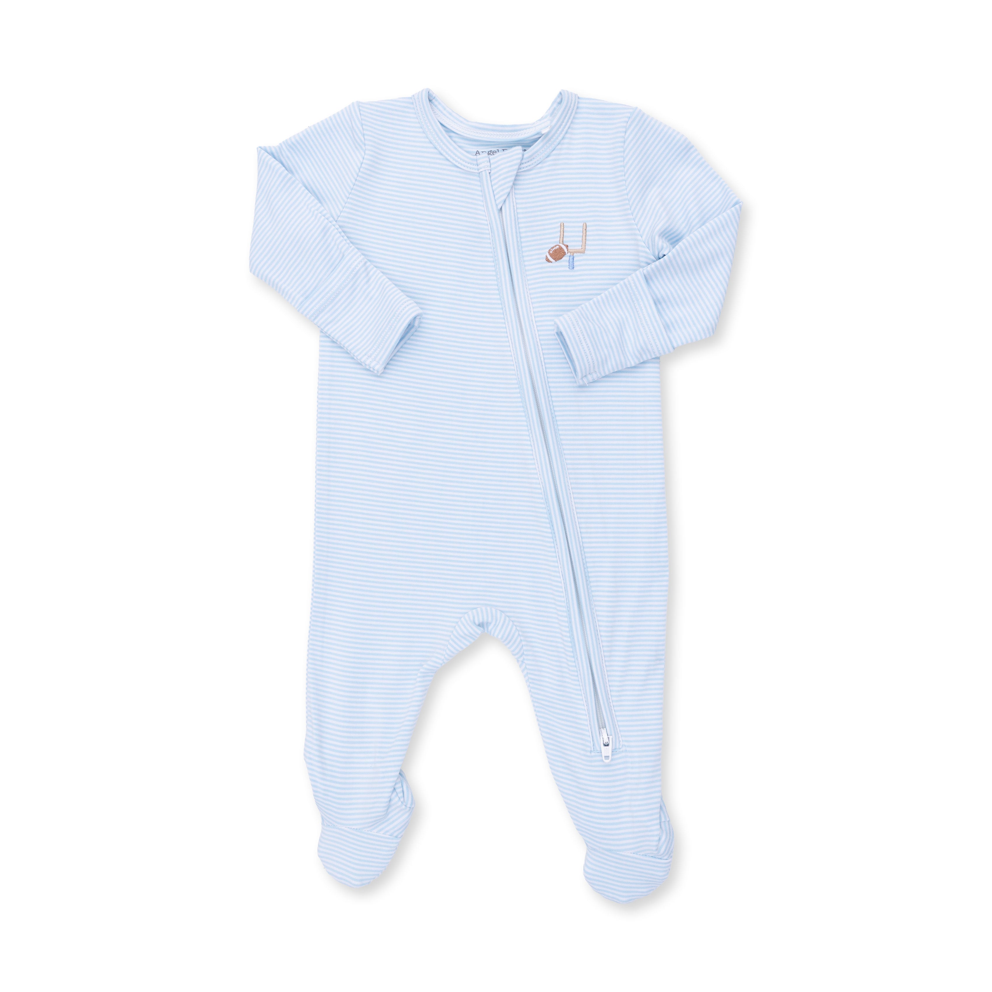 Blue baby and white striped onesie with a zipper on a white background