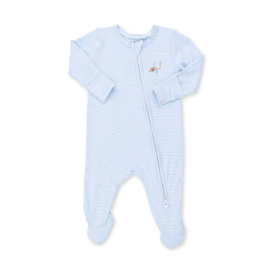 Blue baby and white striped onesie with a zipper on a white background