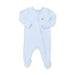 Blue baby and white striped onesie with a zipper on a white background