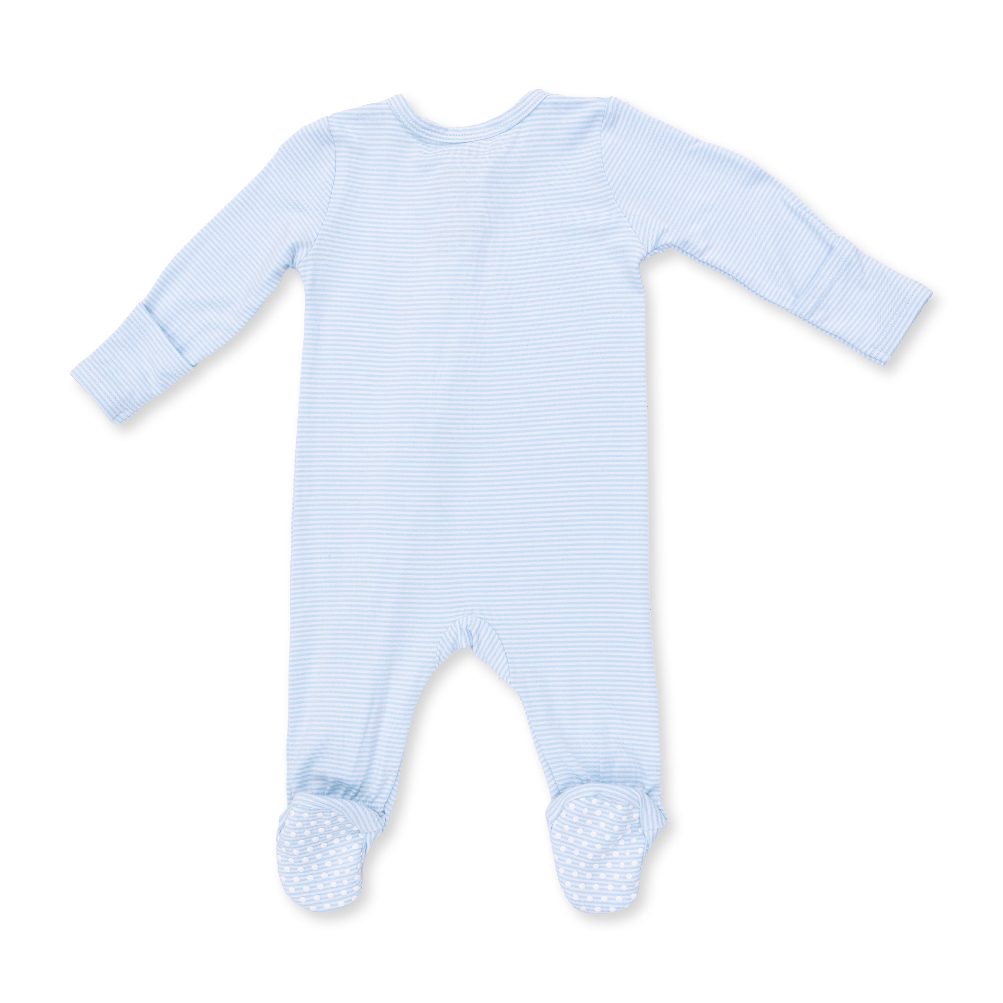 Blue and white striped baby onesie with polka dot feet on a white background