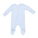 Blue and white striped baby onesie with polka dot feet on a white background