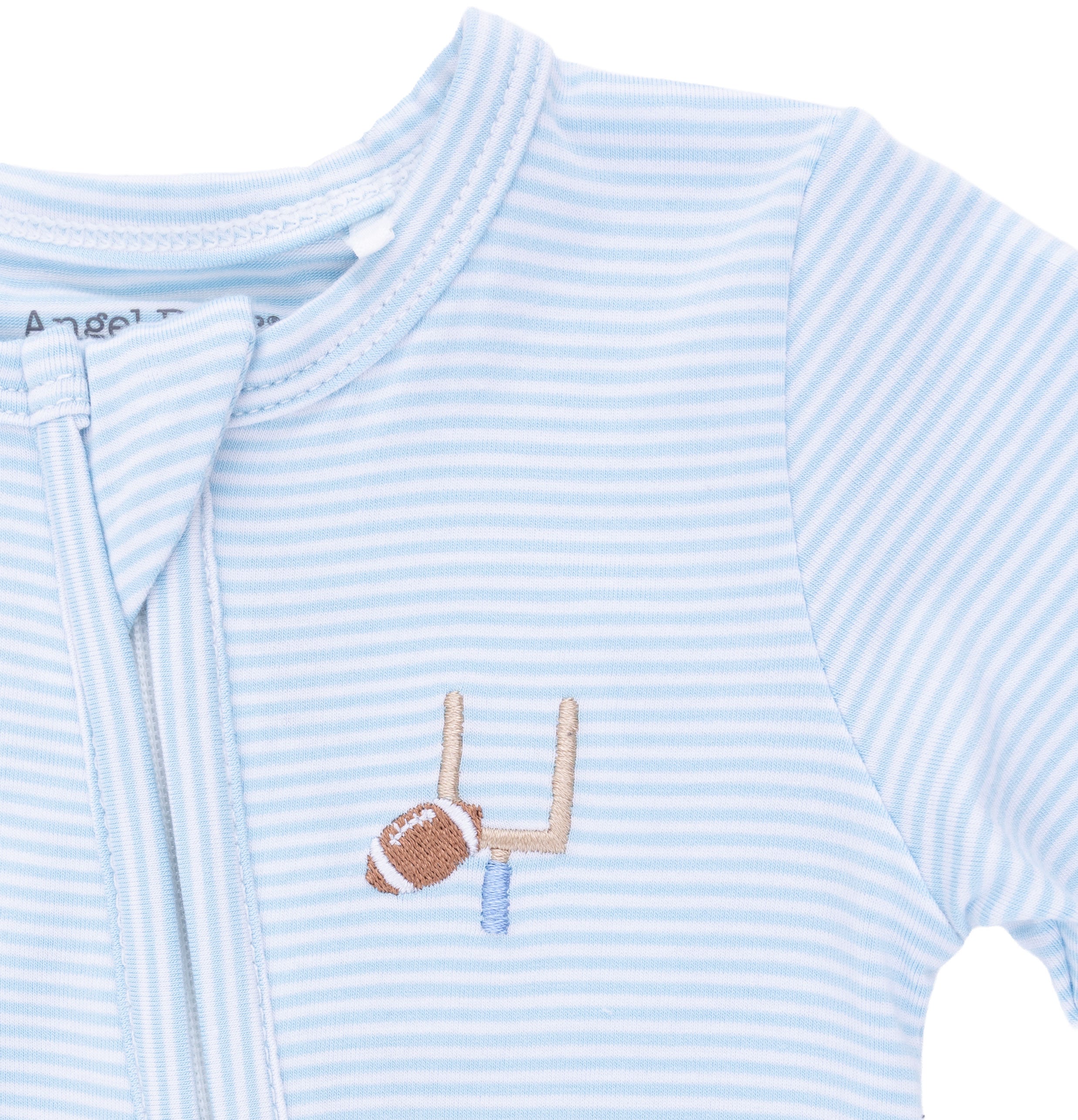 Blue and white striped baby outfit with football and goalpost design on a white background
