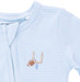Blue and white striped baby outfit with football and goalpost design on a white background