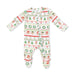 A baby long-sleeve footed sleeper with an all-over Christmas holiday print featuring gingerbread houses, Santa Claus, trees, and wreaths on a white background.