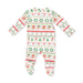 A baby footed sleeper with long sleeves and a festive Christmas pattern featuring green wreaths, gingerbread houses, candy canes, and snowman motifs on a white background.