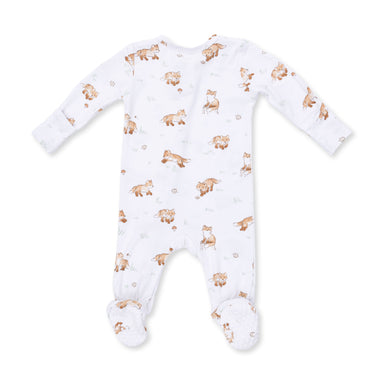 White baby onesie with gold animal prints on a white background