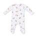 White baby onesie with gold animal prints on a white background