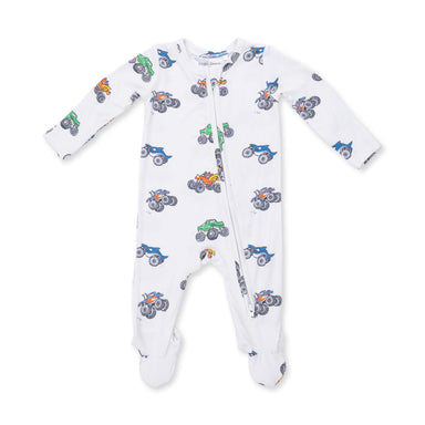 Baby onesie with monster truck pattern on a white background