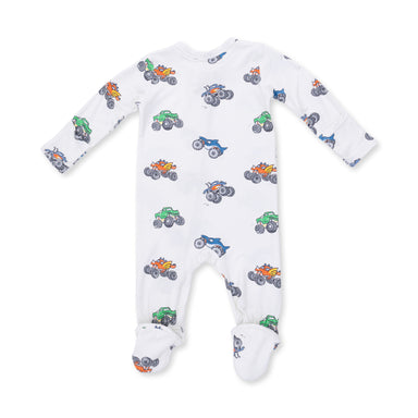 White baby onesie with colorful monster truck pattern on a white background