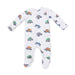 White baby onesie with colorful monster truck pattern on a white background