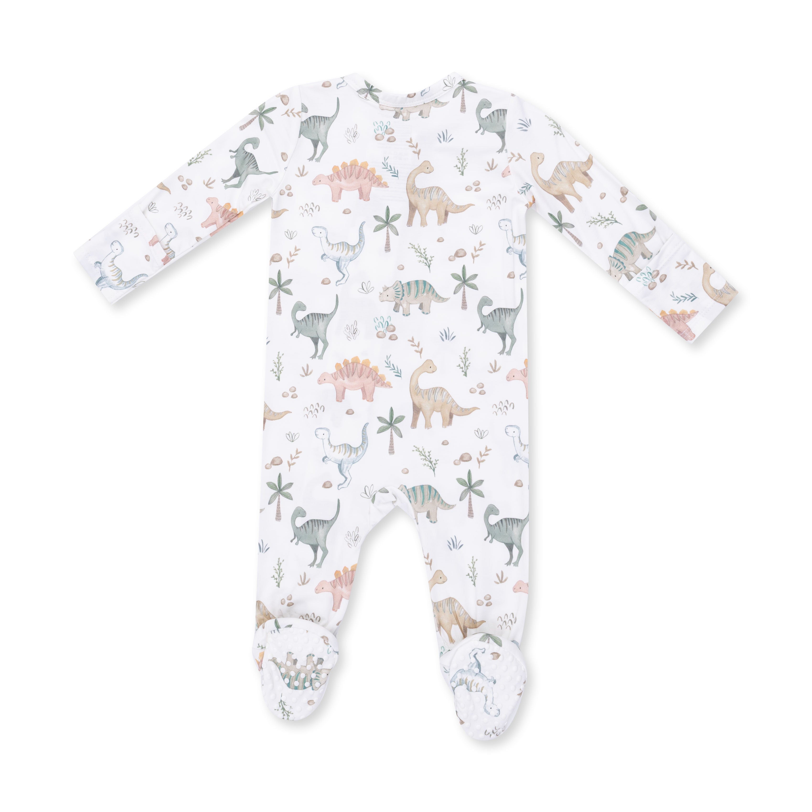 Baby onesie with dinosaur pattern on a white background