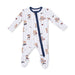A baby long-sleeve footed sleeper with vertical navy blue pinstripes and a playful teddy bear pattern, featuring a navy blue zipper closure down the front.