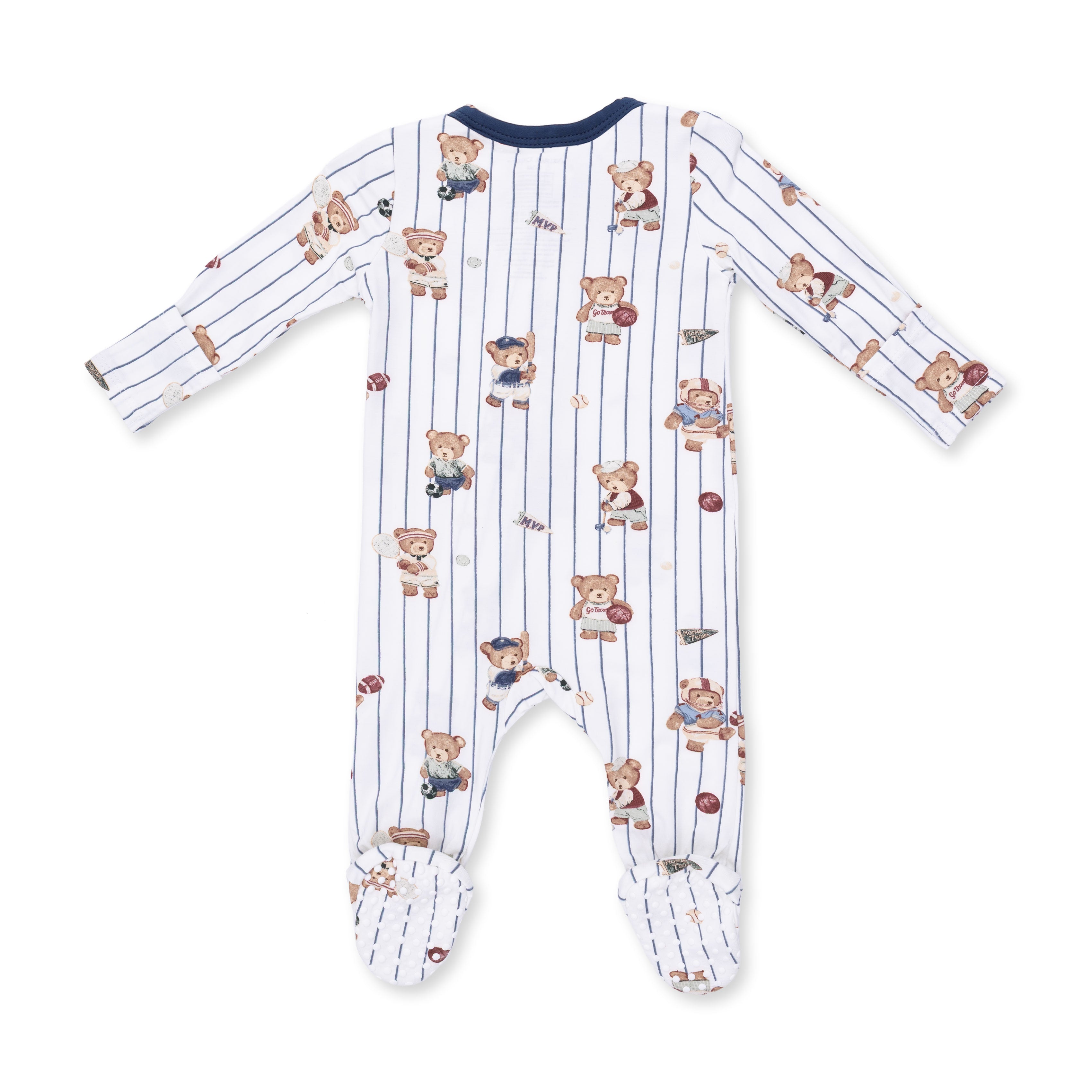 A baby footed sleeper with long sleeves and a navy blue crew neck, featuring a white background with thin vertical navy pinstripes and a playful print of teddy bears holding basketballs, baseballs, and bats.