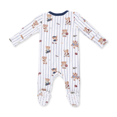 A baby footed sleeper with long sleeves and a navy blue crew neck, featuring a white background with thin vertical navy pinstripes and a playful print of teddy bears holding basketballs, baseballs, and bats.