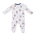 A baby footed sleeper with long sleeves and a navy blue crew neck, featuring a white background with thin vertical navy pinstripes and a playful print of teddy bears holding basketballs, baseballs, and bats.